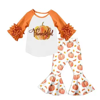 

hot selling fall pumpkin baby girl cute suits kids girl clothing bell set