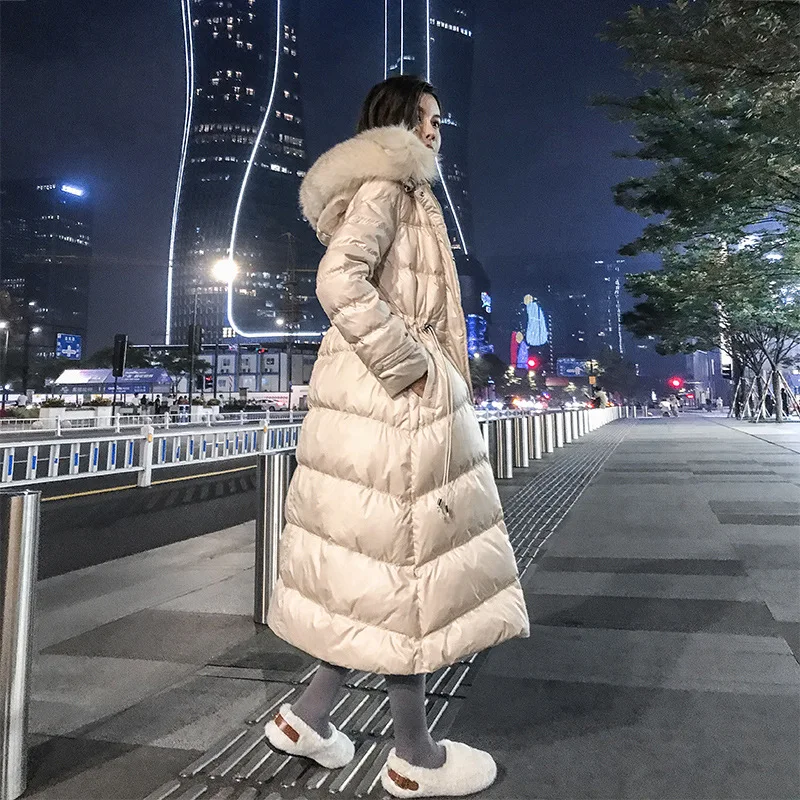beige real fox fur Зимние лисы меховой воротник с капюшоном пуховая куртка длинная парка Для женщин теплый пуховик пуховая куртка женская верхняя одежда зимнее пальто Для женщин NS1539 - Цвет: beige real fox fur