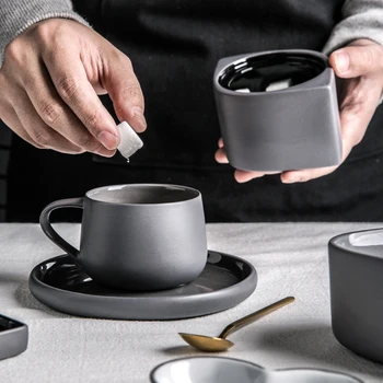 

KINGLANG Nordic Ceramic Matte Grey Coffee Mug Set Sugar Can Small Dessert Dish High Tea Tableware Salad Bowl