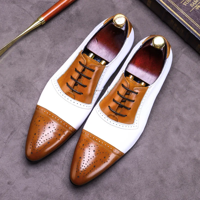 

Males casual leather shoes wedding leather shoes male groom Braddock male British sharp head color carved leather shoes.