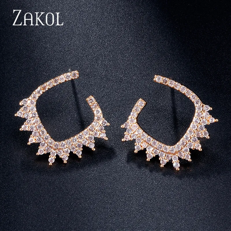 Gold Color ZAKOL новые трендовые микро-инкрустация цирконами Кристалл c-образные пустотелые серьги гвоздики для женщин Праздник подарок на день рождения ювелирные изделия FAEP083 - Окраска металла: Gold Color