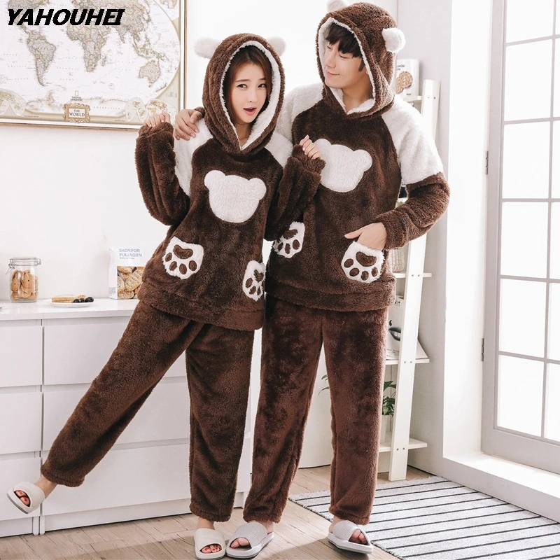 

2019 Winter Couples Thick Warm Flannel Pajama Sets for Women Long Sleeve Hooded Soft Pyjama Men Kawaii Cartoon Homewear Clothing
