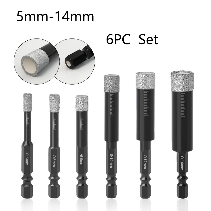 

6Pcs 5/6/8/10/12/14mm Set 1/4 Hexagon Handle Dry Vacuum For Brazed Diamond Marble Ceramic Tile Hole Saw Kit Drilling Bits