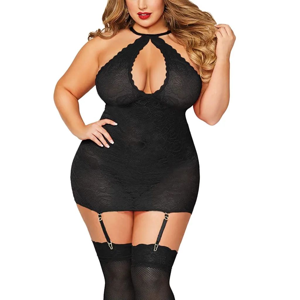 

Sexy Lingerie Women Erotic Halter Babydoll Plus Size Lenceria Mujer Lace Lingerie Keyhole Porno Babydoll Chemise with Garters