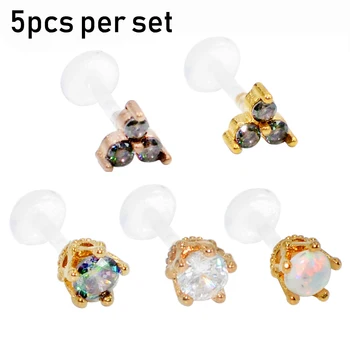

5PCS Gold Crown Opal Gem Bioplast Flexible PTFE Labret Stud Lip Ring Ear Tragus Helix Earrings Fashion Body Piercing Jewelry 16g