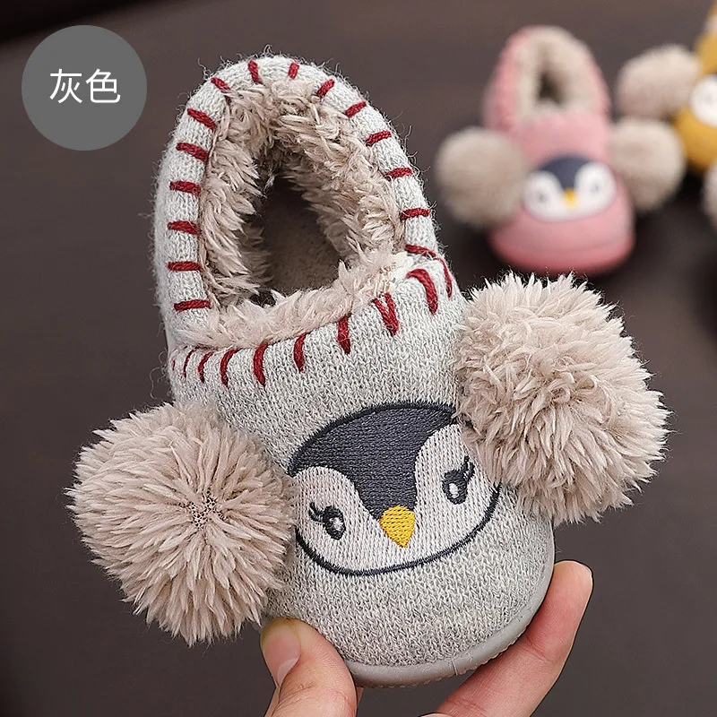 grey slipper Зимние тапочки с единорогом; Детские женские сандалии для малышей; меховые шлепанцы для маленьких мальчиков; хлопковая домашняя обувь; теплые пушистые домашние детские Тапочки - Цвет: grey slipper