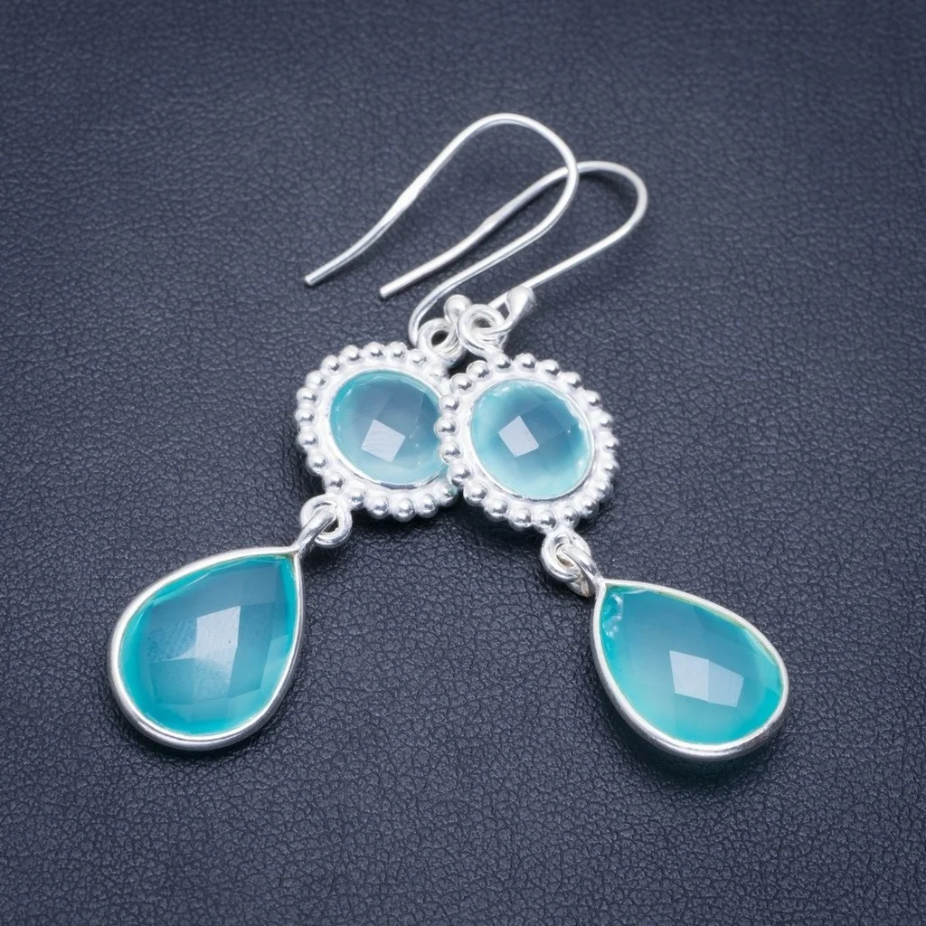 

Natural Chalcedony Handmade Unique 925 Sterling Silver Earrings 2" A2365