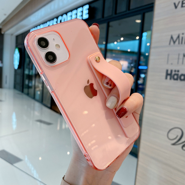 Candy Transparent Wrist Strap Soft Stand Phone Case For Iphone 12 Mini 11 Pro MAX X XR XS SE 7 8 Plus Shockproof Cover