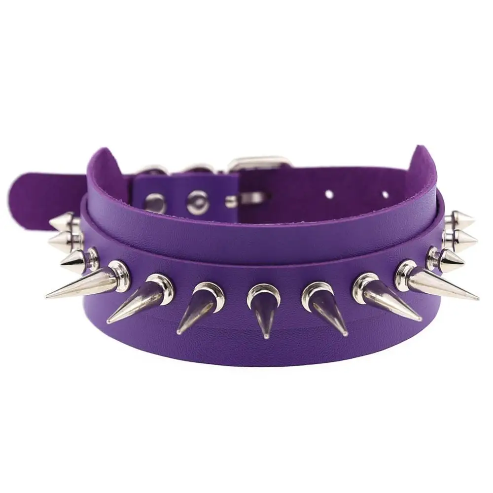 KMVEXO Punk Rock Gothic Leather Chokers for Women Mens Silver Spike Rivet Stud Collar Choker Necklaces Statement Anime Jewelry - Окраска металла: Purple