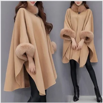 

New Women's Faux Fox Fur Collar Cloak Woolen Coats Casual Loose Warm Long Female Jacket Winter Fashion Woolen Blends Cashmere