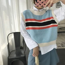 INS женская одежда без рукавов повседневный Вязаный топ в стиле "преппи" весна осень ulzzang корейская мода полосатый жилет свитера