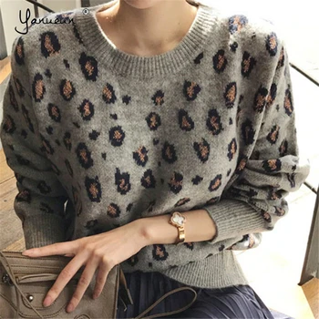 

Yanueun Autumn Winter Women Sweater Pullovers Tops Stylish O-Neck Leopard Knitting Long Sleeve Ladies Female Jumpers