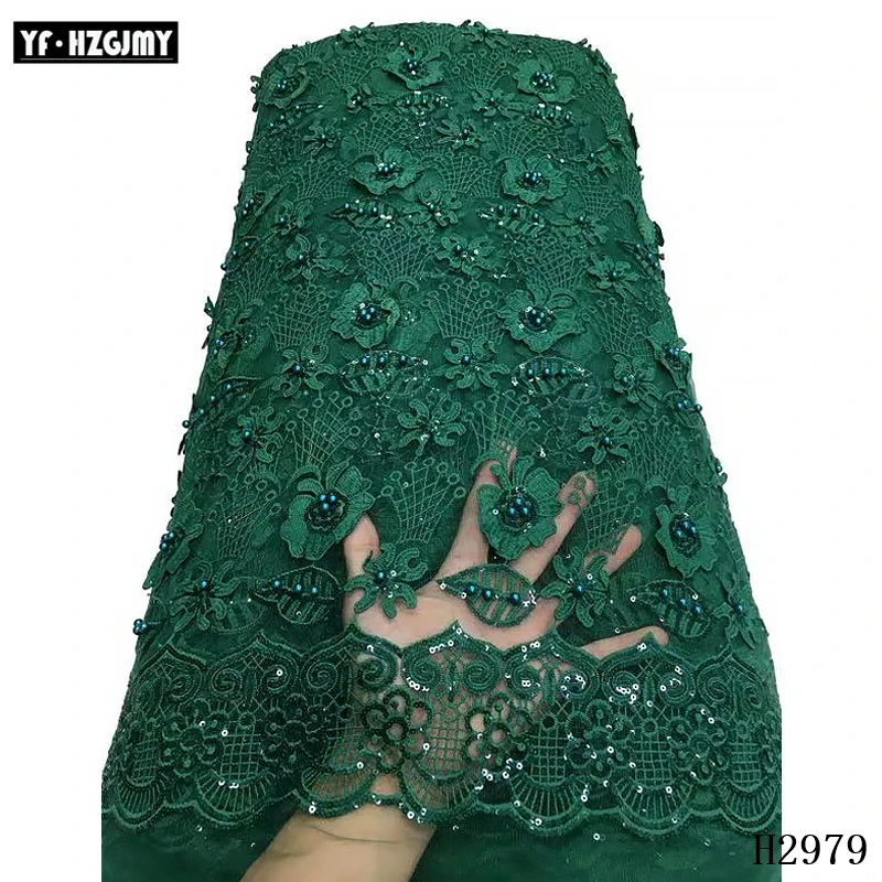 

African Lace Fabric High Quality in 2019 Green embroidery French Lace with Beads Nigerian Tulle Lace with Sequins for Women