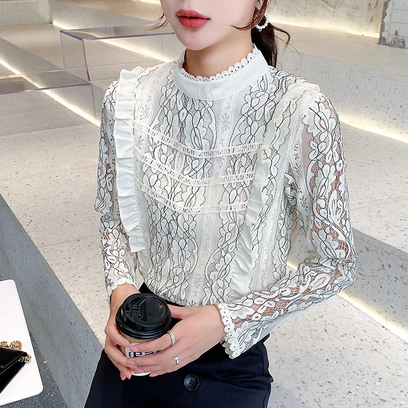

Korean Lace Women Blouses Office Lady Thick Warm Winter Women Shirts Plus Size XXXL Femininas Elegante Womens Tops and Blouses