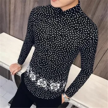 

Vintage Print Shirt Men 2019 New Spring Long Sleeve Men Shirt All Match Polk Dot Streetwear Mens Casual Shirt Slim Fit Tuxedo