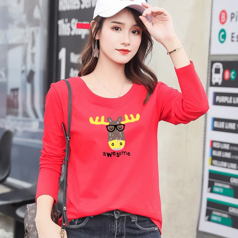 Cotton autumn and winter loose round neck print long-sleeved t-shirt female large size wild bottoming shirt women's shirt