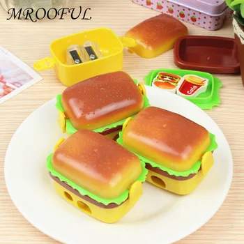 

Novelty Double Holes Hamburger Pencil Sharpeners with Two Rubbers Erasers Kawaii Plastic Pencil Sharpener Student Stationery