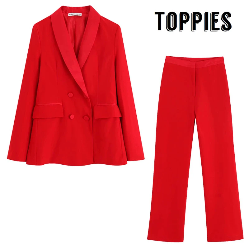 Красный костюм комплект Женский двубортный блейзер с высокой талией Прямые брюки женский формальный комплект из двух предметов