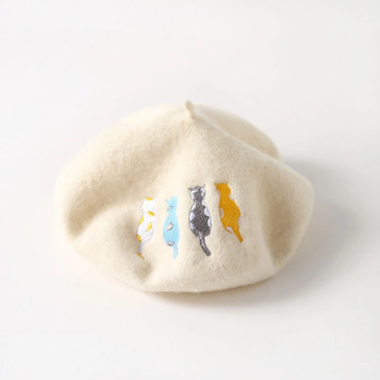 DRESSUUP Autumn Winter Hats For Women Lady Wool Beret Artist Painter Cap Cat Embroidery Cute Beret Female Vintage Boina Feminina