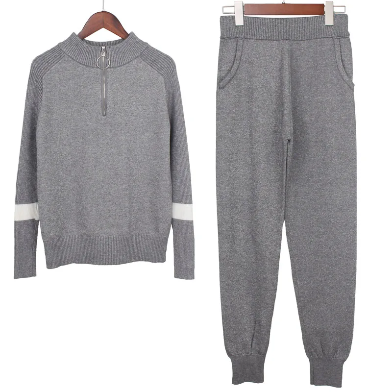 Gray GG0188 Женский свитер с люрексом, костюмы и комплект, Повседневные вязаные свитера, штаны, 2 предмета, спортивные костюмы, женские брюки на молнии+ Джемперы, комплекты верхней одежды - Цвет: Gray GG0188