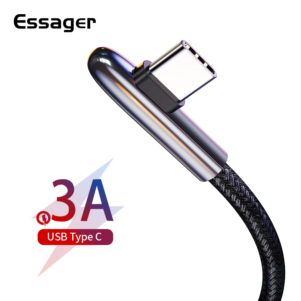 Essager 90 градусов usb type C кабель для samsung S10 Xiaomi K20 Oneplus 7 Pro 6t 3A Быстрая зарядка USBC type-C шнур USB-C зарядное устройство