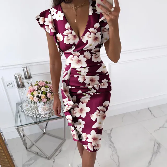 Women Floral Print Midi Dress Plus Size Ruffles Sleeve V-neck Slim Vintage Dresses 5