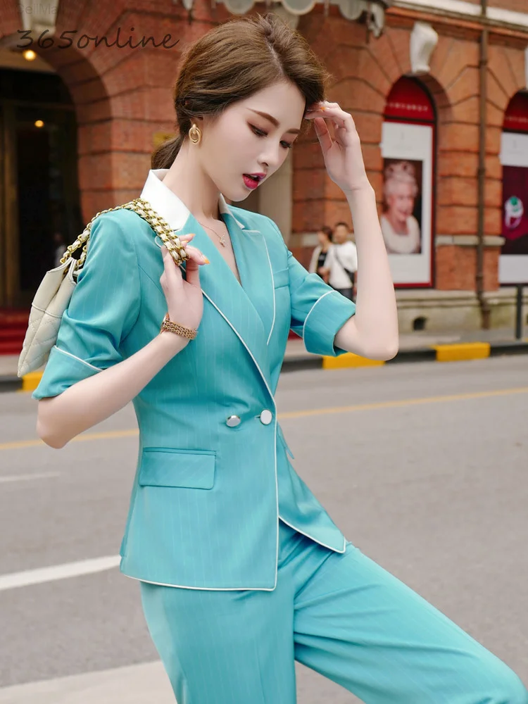 

New Styles Spring Summer Formal Uniform Designs Pantsuits with 2 Piece Set Pants and Jackets Coat OL Professional Blazers Set