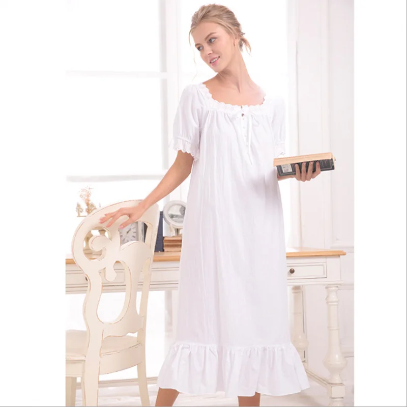 Summer Female Sweety Lace Lovely Sleepshirt Ladies Cotton Long Nightgown Women Short sleeve Square collar sleepshirt