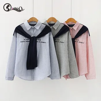 

Casual Blouse For Women Autumn Winter Blouse Fashion Turn Down Collar Long-sleeved Striped Shirt Shawl Two-piece Blue Shirt