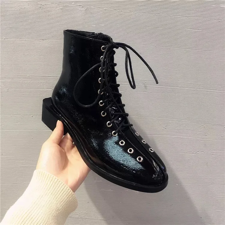 

Chunky Heel Black Boots Booties Ladies Women's Low Shoes Luxury Designer Lace Up Rivets Bootee Woman 2019 Round Toe Zipper Med