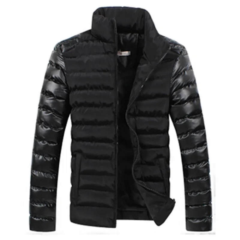 

Winter 2019 Men's Boutique Cotton Thickening Warm Fashion Leather Stitching Standing Collar Leisure Coat Jacket Male Casual Coat