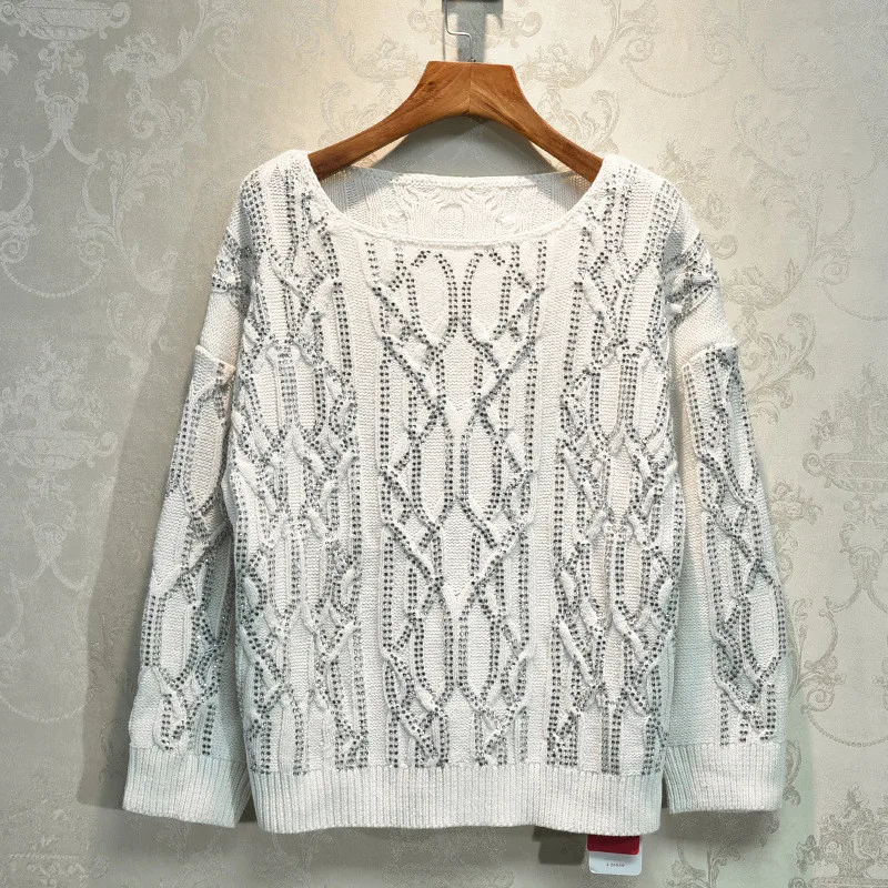 

High Quality Luxury Diamond Women White Sweater Pullovers Runway Designer Long Sleeve Knitted Jumper 2019 Fall Winter Clothes