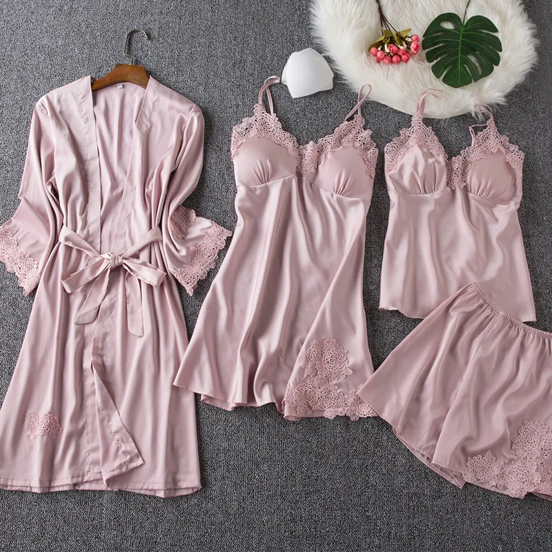 

Four-piece Set with Chest Pad Viscose Pajamas Women's Autumn Spring And Summer Long Sleeve Model Silk Camisole-Homewear Set