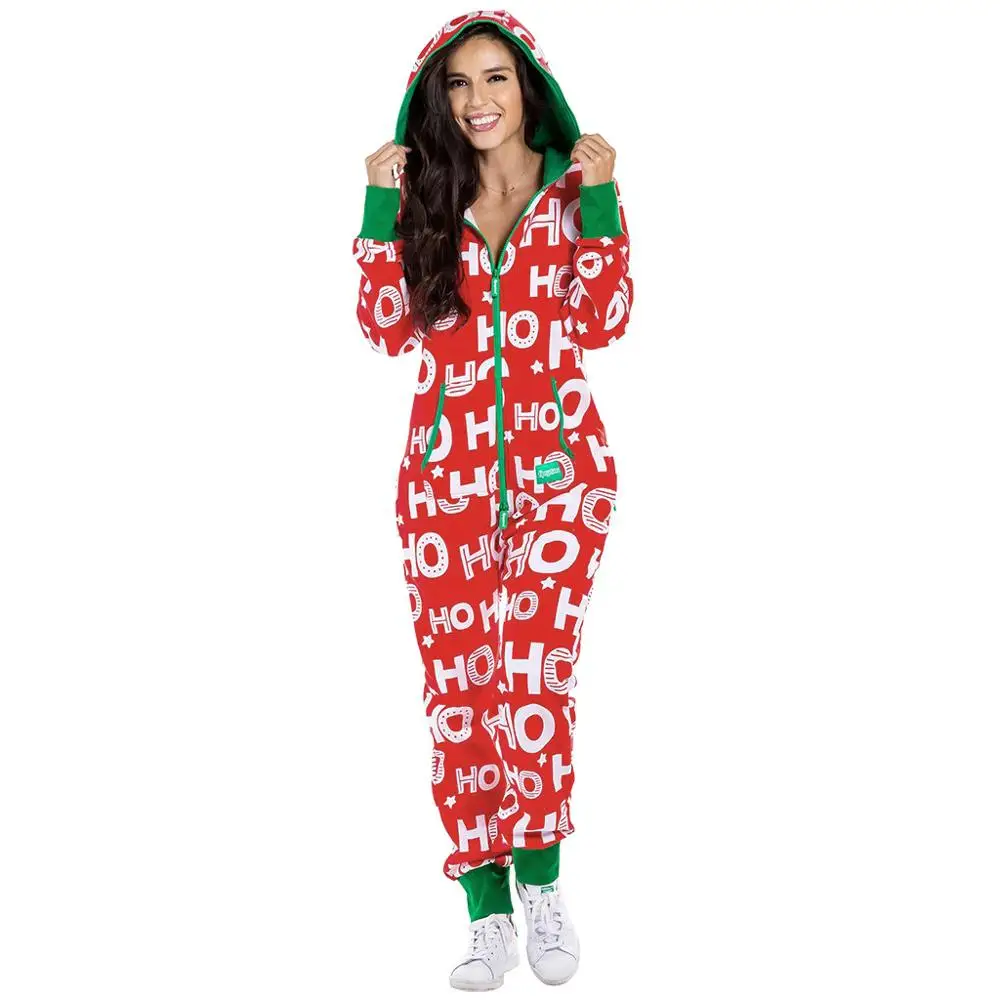 Для женщин фланель леди Рождественская Пижама комплект Санта-Клауса, одежда для сна на Рождество с капюшоном и застежкой-молнией комбинезон для сна Одна Деталь пижамы