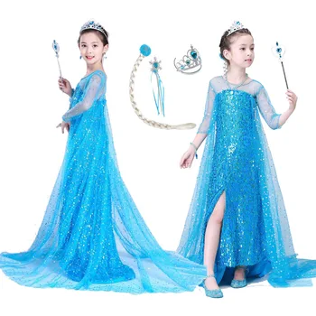 

Girls Elsa Sequined maxi dress Dress Princess Anna Dresses Cosplay Party Costume Kids Halloween Fancy Girl Clothes elza vestidos