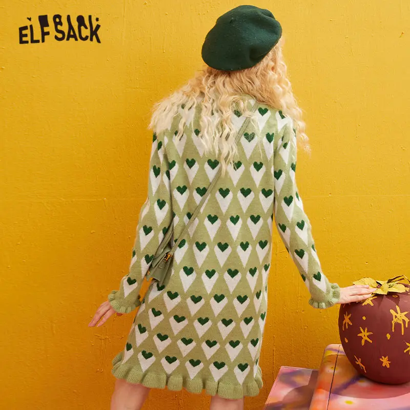 ELFSACK, белое трикотажное платье в Корейском стиле, женское платье, зима, зеленое ТРАПЕЦИЕВИДНОЕ ПЛАТЬЕ с оборками, с длинным рукавом, свободное, для офиса, для девушек, повседневные платья