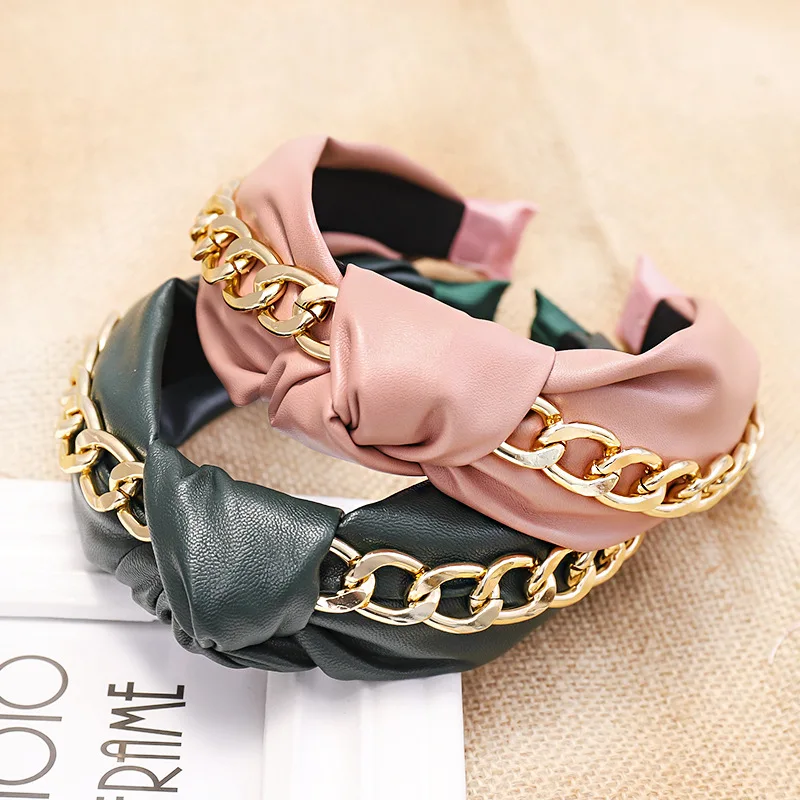 

CN New Pu Leather Knot Gold Chain Headbands For Women Head Simple Korea Hairband Winter Fashion Hair Hoop Girl Hair Accessories