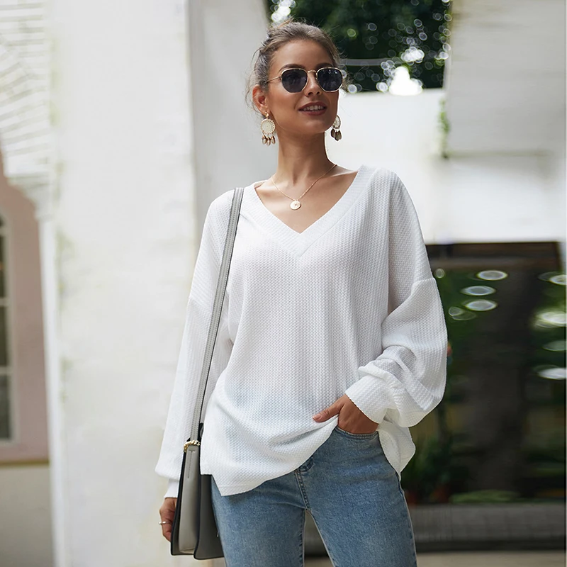 

Autumn Winter Casual Loose Women's Shirt 2019 Solid V-Neck Long Sleeve T-shirt Fashion Office Lady Shirts and Tops