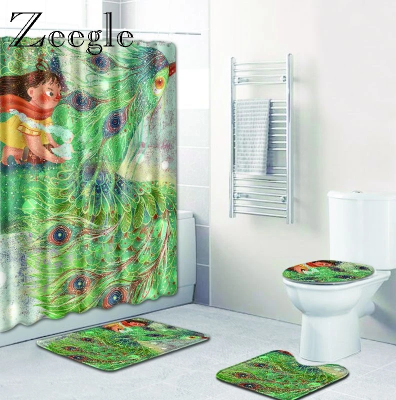 Zeegle 3D печатные коврики и коврики для ванной комнаты ковер для душа 3 шт. и занавеска для душа водонепроницаемый микрофибра Нескользящие Коврики для душа