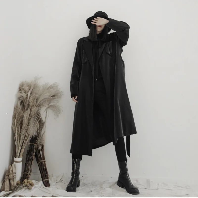 

LANMREM 2020 Satin Gloss Coat Spring New Loose Long Lapels Solid Color Lace Up Windbreaker Jacket 19B-a234