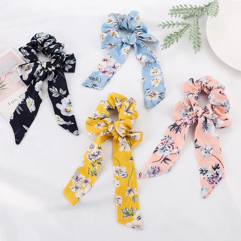 

New floral large circle fabric printing ribbon long tassel knotted hair accessories head rope loop headwear bulk cloth bowknot