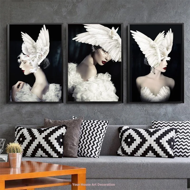 

Poster And Print Pigeon Wings Feather Hat Canvas Painting Home Decor Abstract Black White Woman Wall Art Modular Pictures