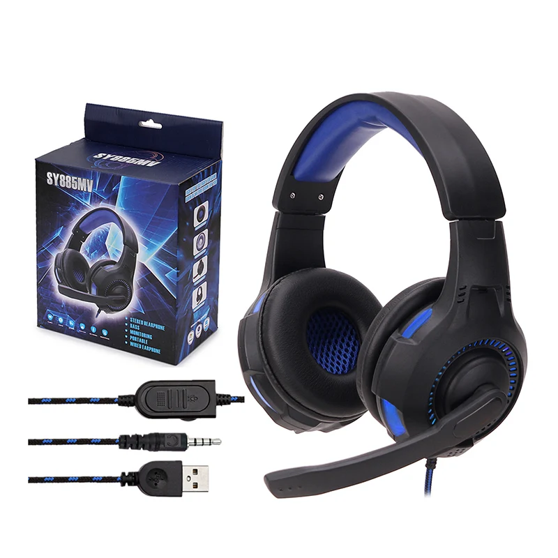 SY885MV LED Light profession Gaming Wired Headset With Mic Stereo Over Ear Computer Phone Gaming Headphone For PC XBox One PS4