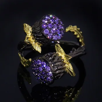 

925 Sterling Silver Over tungsten Gothic Ring Elegant Purple Zircon Stone Plant Bud Opening Rings for women jewelry gift