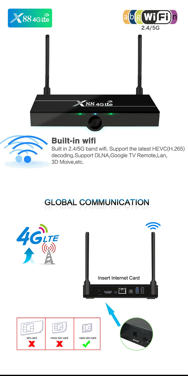 ТВ приставка X88 4G Lte Android 7,1 поддержка 4G Nano SIM карты 2 Гб 16 Гб Rockchip Wifi 4K Google Play Store Youtube телеприставка 4GLte