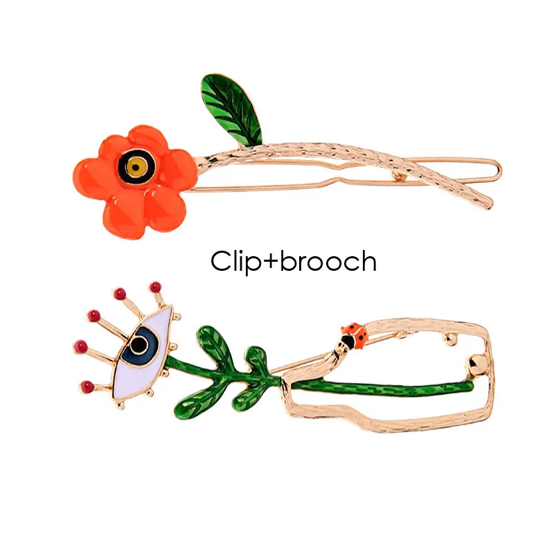 F.J4Z Hot Fashion Hair Clips for Women Designer Enamel Eye Flower Hairgrips Ins Girls Hair Jewelry Accessories Palillos del pelo - Окраска металла: No.2 1clip 1brooch