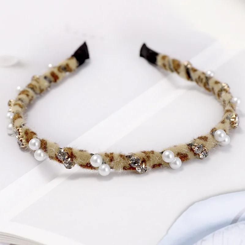 C607 beige leopard Модные леопардовые резинки для волос с жемчугом для женщин повязка на голову со стразами обруч для волос аксессуары для волос бандо для девочек - Цвет: C607 beige leopard