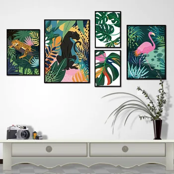 

Nordic Style Green Leaf Flamingo Canvas Paintings Hanging Wall Art Poster Decor Pictures For Living Room Bedroom Decoration