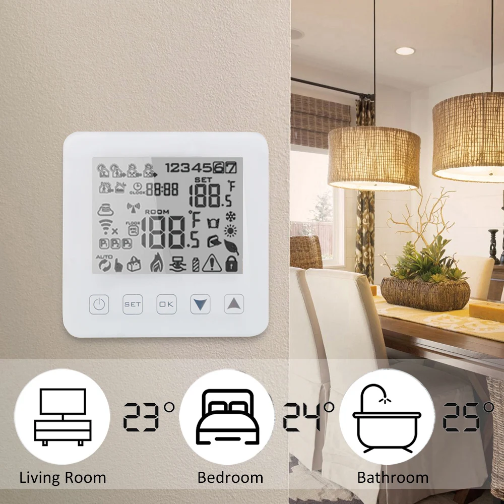 

Smart Alexa Programmable WiFi Thermostat for Water/Gas Boiler Heating Floor Touchscreen Room Temperature Controller Thermostat