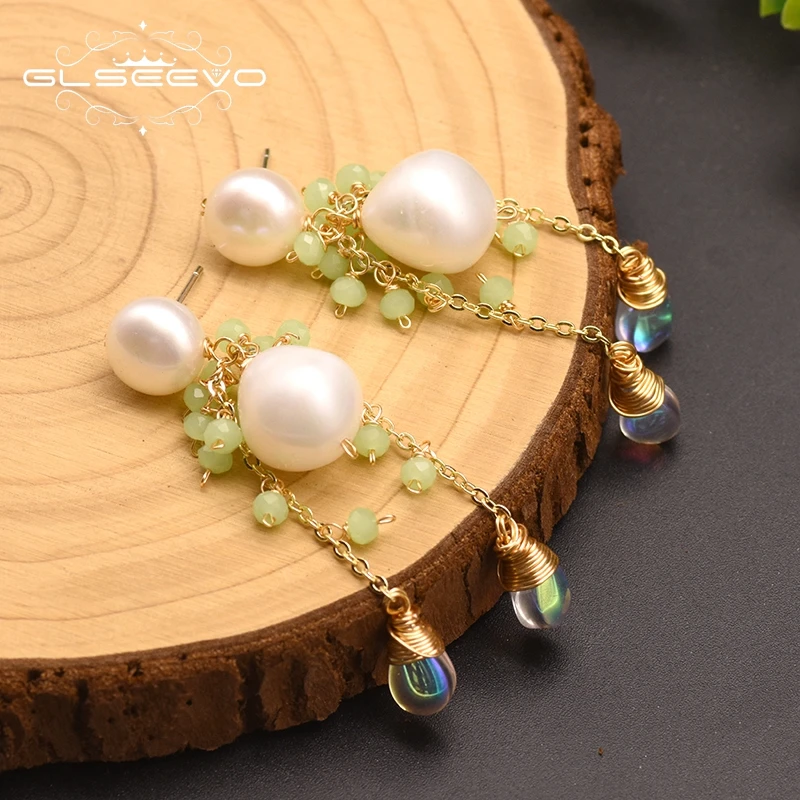 GLSEEVO дизайн натуральный круглый пресноводный жемчуг Висячие серьги для женщин Свадебные украшения для помолвки Brincos GE0871
